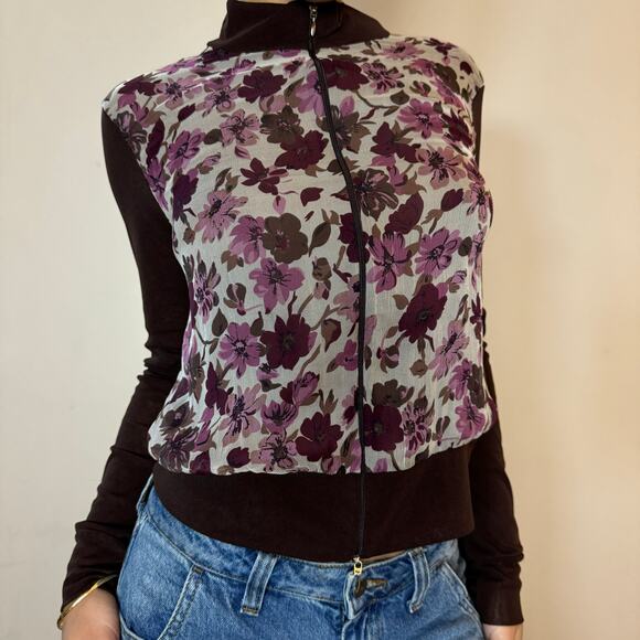 Vintage 00s Romcom Floral mesh zip front long sleeve top (S/M) - Picture 2 of 10